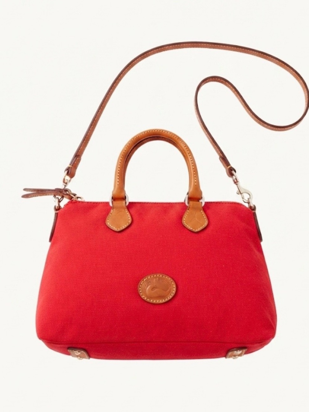 Dooney & Bourke Red Canvas Satchel with Tan Leather Trim and Strap